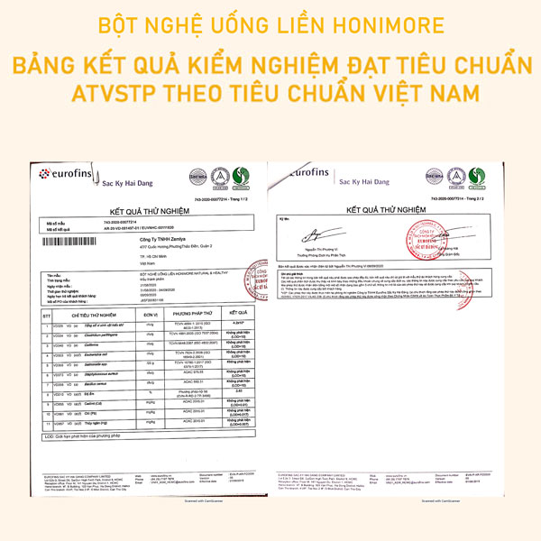 Bảng kết quả kiểm nghiệm đạt tiêu chuẩn ATVSTP theo Tiêu chuẩn Việt Nam