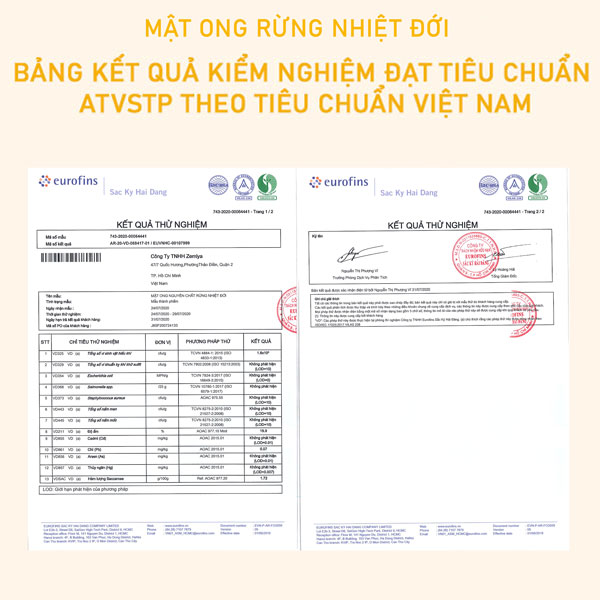 Bảng kết quả kiểm nghiệm đạt tiêu chuẩn ATVSTP theo Tiêu chuẩn Việt Nam