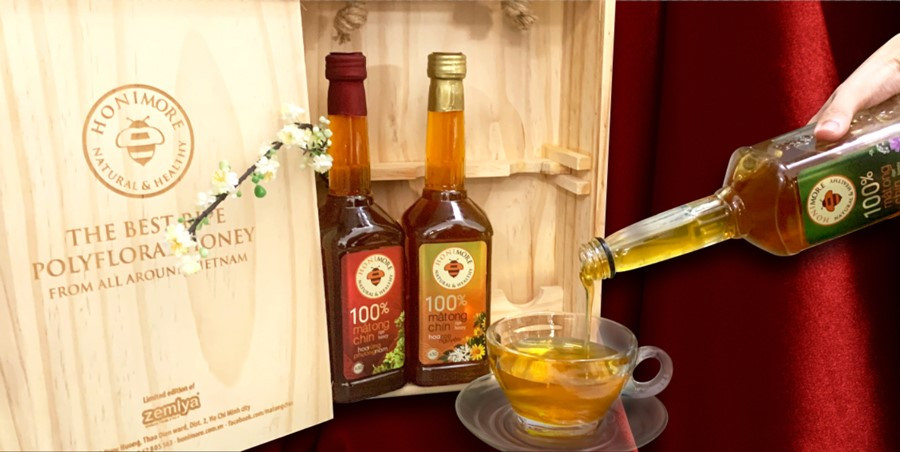 Hộp quà gỗ mật ong rừng - 100% mật ong chín Honimore - hộp 3 chai đặc sản 3 miền